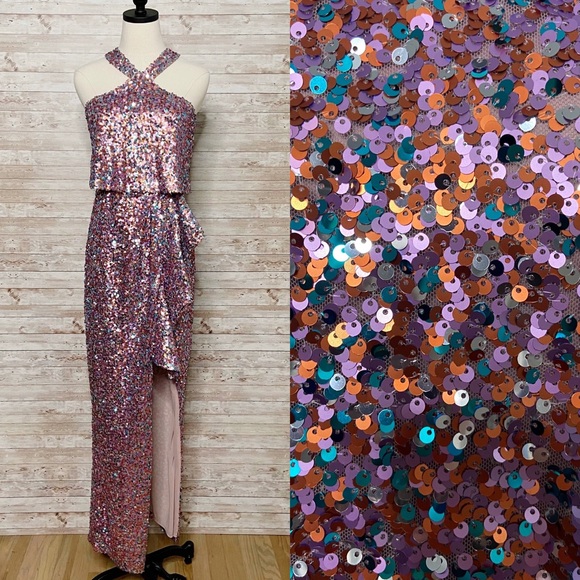 NWT Monique Lhuillier Halter Neck Sequin Gown Sz 2